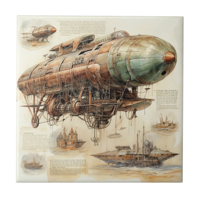 Retro Futuristic Brass Airship Engineering Ceramic Tile (Front)