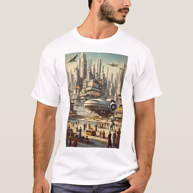 Retro-Futuristic Bustling Spaceport Sci-Fi  T-Shirt (Front)