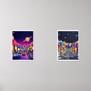 Retro Futuristic city view in the future Wall Art Sets
