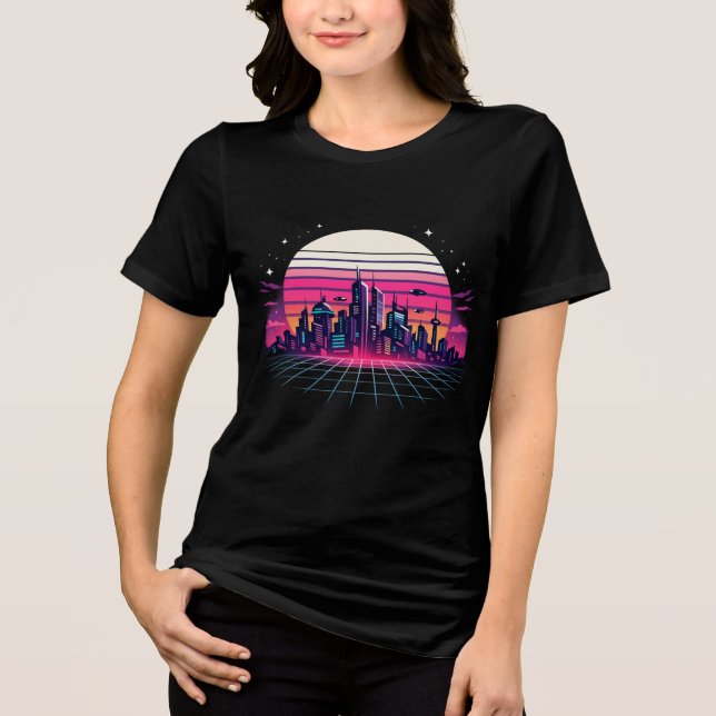 Retro Futuristic Cityscape Vaporwave Sunset Neon S Tri-Blend Shirt (Front)