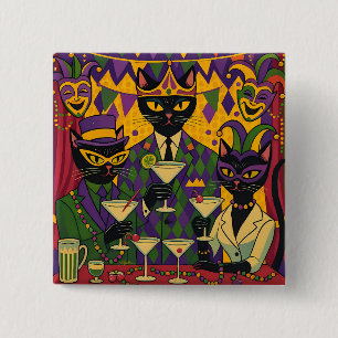 Retro Futuristic Mardi Gras Black Cat Martini Club Button