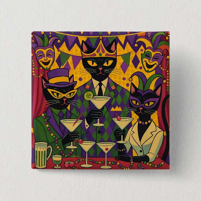 Retro Futuristic Mardi Gras Black Cat Martini Club Button (Front)