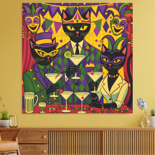 Retro Futuristic Mardi Gras Black Cat Martini Club Canvas Print