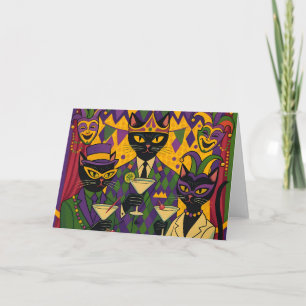 Retro Futuristic Mardi Gras Black Cat Martini Club Card