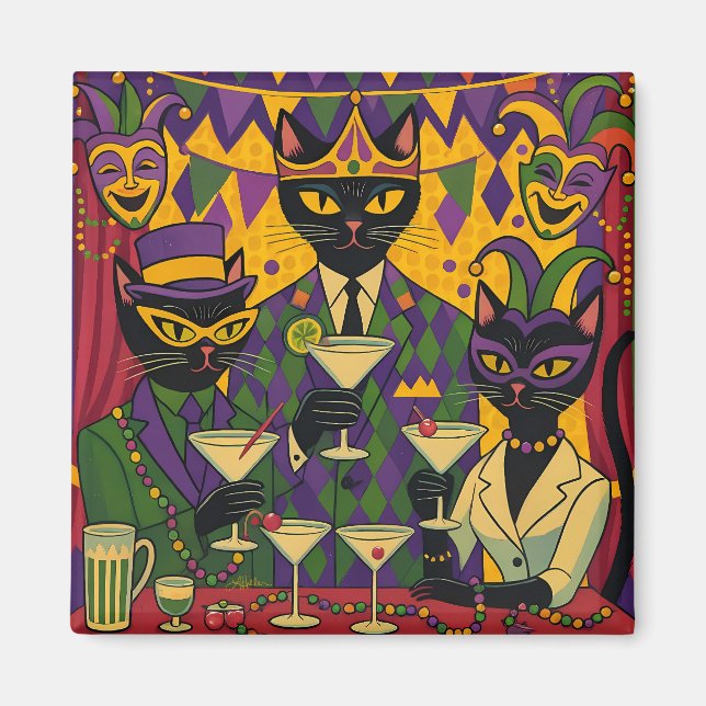 Retro Futuristic Mardi Gras Black Cat Martini Club Magnet (Front)