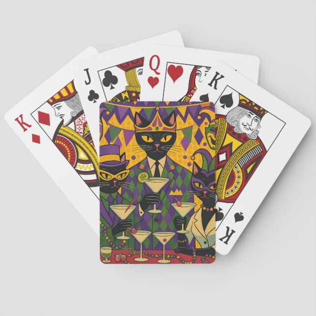 Retro Futuristic Mardi Gras Black Cat Martini Club Poker Cards (Back)