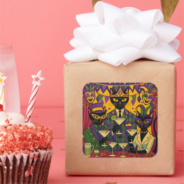 Retro Futuristic Mardi Gras Black Cat Martini Club Square Sticker (Party)