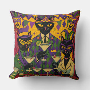 Retro Futuristic Mardi Gras Black Cat Martini Club Throw Pillow