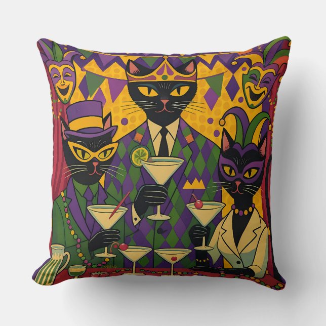 Retro Futuristic Mardi Gras Black Cat Martini Club Throw Pillow (Front)