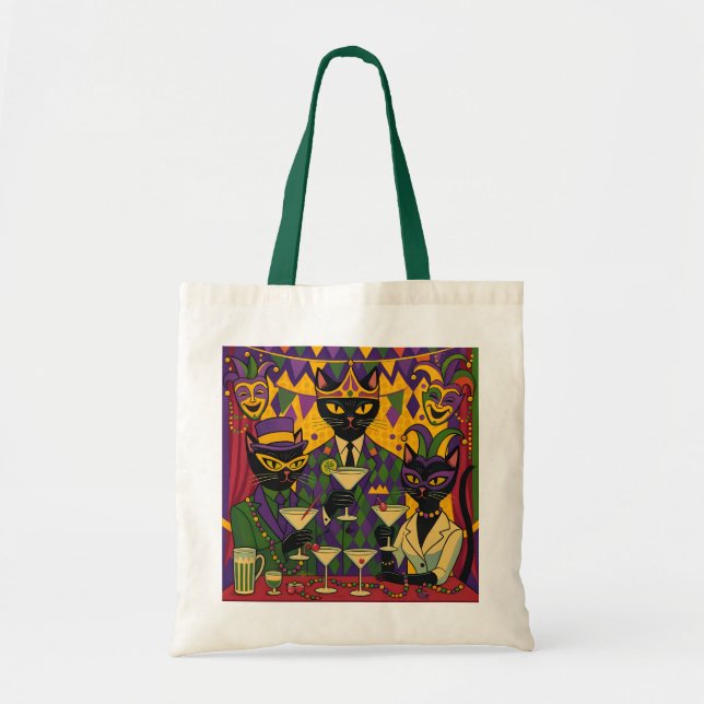 Retro Futuristic Mardi Gras Black Cat Martini Club Tote Bag (Front)