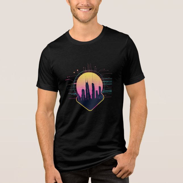 Retro Futuristic Neon Cityscape Tech Tri-Blend Shirt (Front)