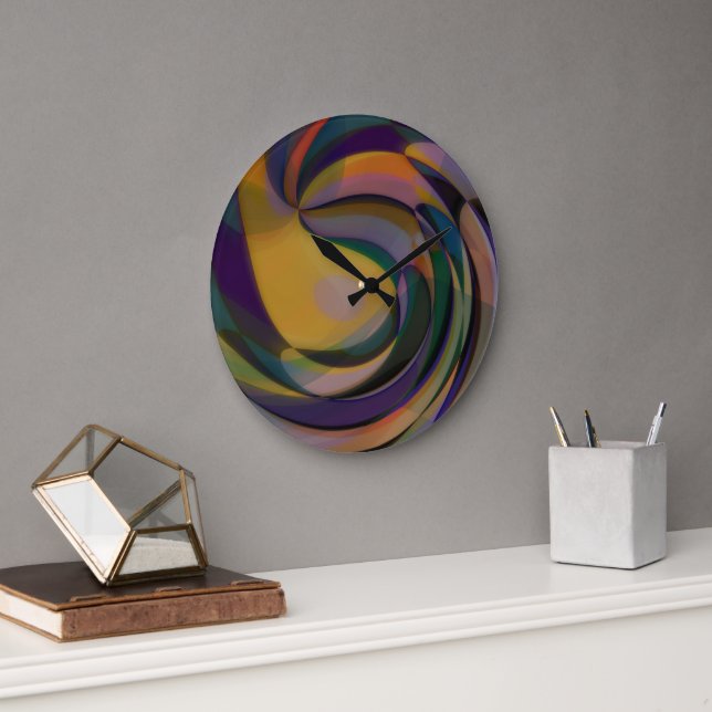 Retro Futuristic Radial Swirl Waves Art Pattern Large Clock (Office)