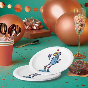 Retro Futuristic Robot Character Waving Paper Plates