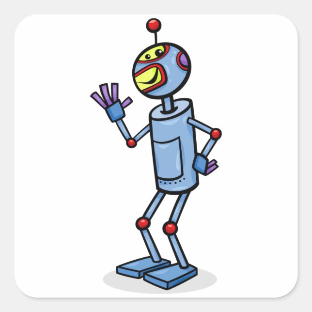 Retro Futuristic Robot Character Waving Square Sticker (Front)