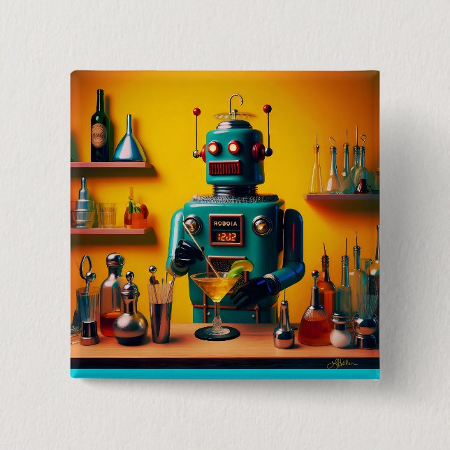 Retro Futuristic Robot ROBIA 12J2 Mixologist Button (Front)