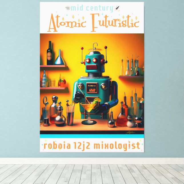 Retro Futuristic Robot ROBIA 12J2 Mixologist Canvas Print (Insitu(Wood Floor))