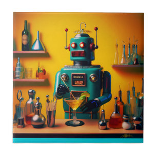 Retro Futuristic Robot ROBIA 12J2 Mixologist Ceramic Tile