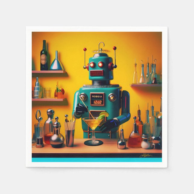 Retro Futuristic Robot ROBIA 12J2 Mixologist Napkins (Front)
