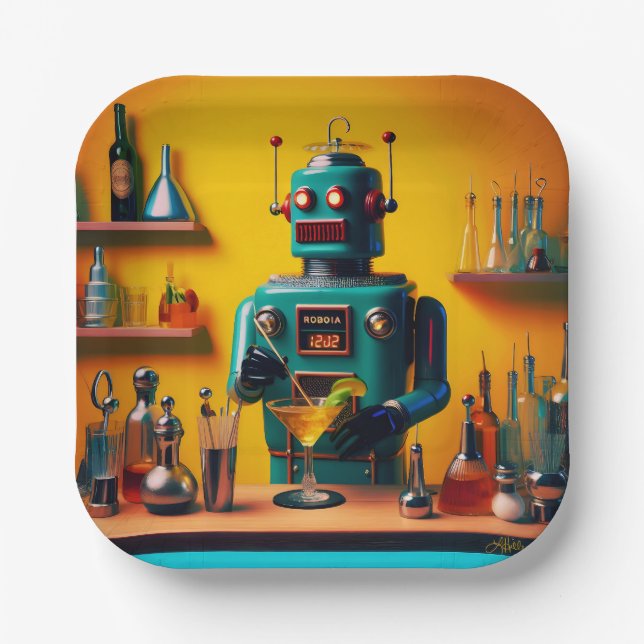 Retro Futuristic Robot ROBIA 12J2 Mixologist Paper Plates (Front)