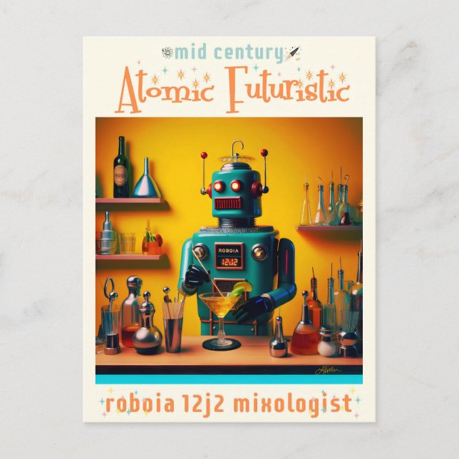 Retro Futuristic Robot ROBIA 12J2 Mixologist Postcard (Front)