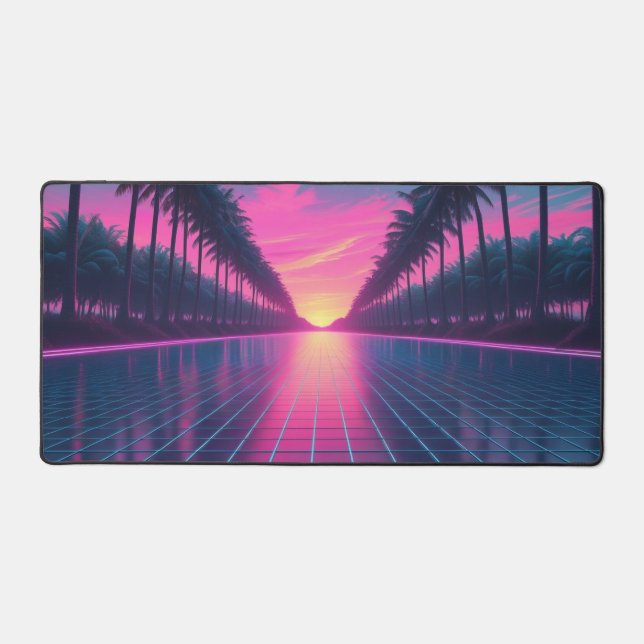 Retro-Futuristic Vaporwave Desk Mat with Neon Palm (Front)