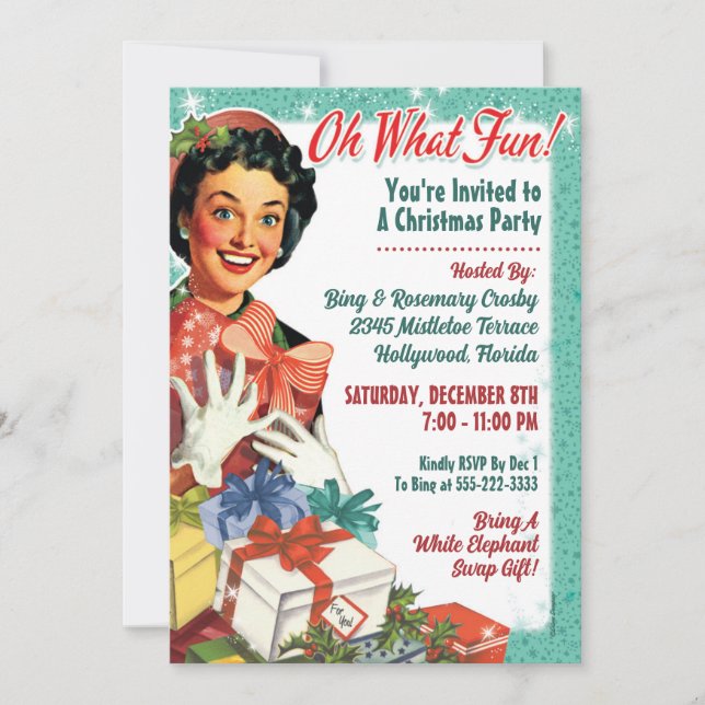 Retro  Gal Christmas Party Invite - Oh What Fun! (Front)