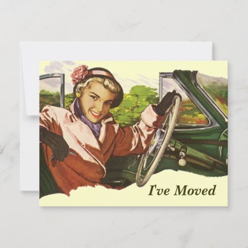 Retro Gal In Car I've Moved Move Announcement