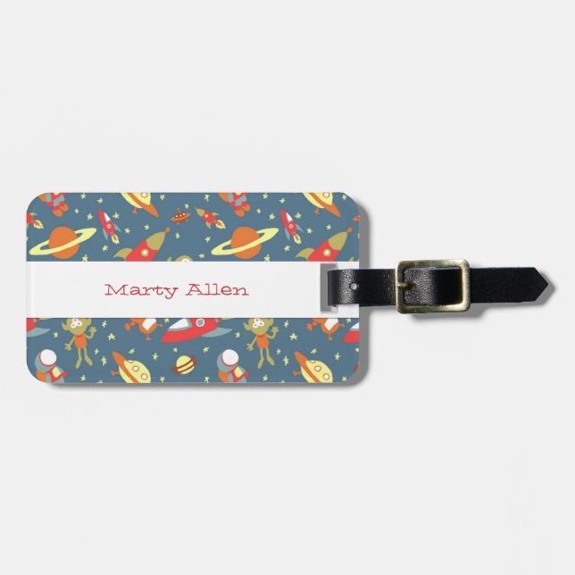 Retro Galaxy Outer Space Rockets & Astronauts Luggage Tag (Front Horizontal)