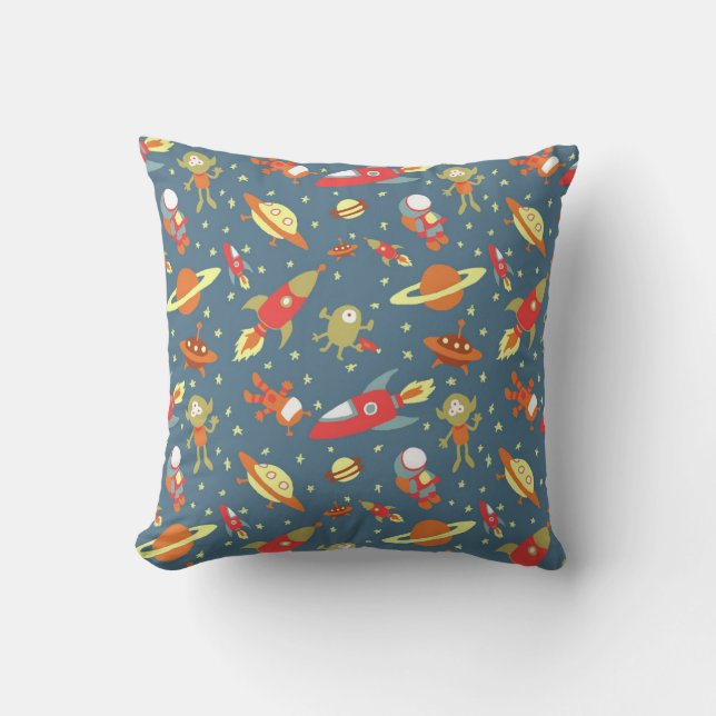 Retro Galaxy Outer Space Rockets & Astronauts Throw Pillow (Front)