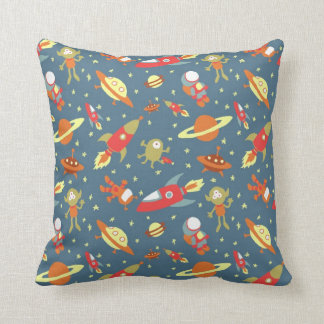 Retro Galaxy Outer Space Rockets & Astronauts Throw Pillow