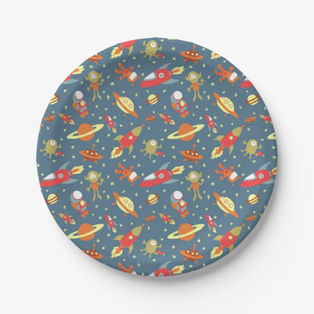 Retro Galaxy Outer Space-themed Party Paper Plates (Front)