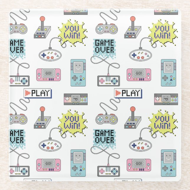Retro Game Controllers: Colorful Seamless Pattern Glass Coaster (Front)