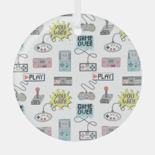 Retro Game Controllers: Colorful Seamless Pattern Glass Ornament