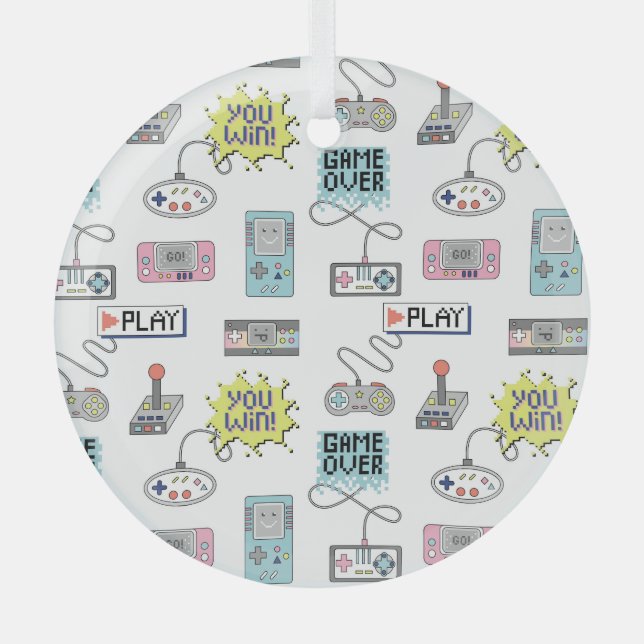 Retro Game Controllers: Colorful Seamless Pattern Glass Ornament (Front)
