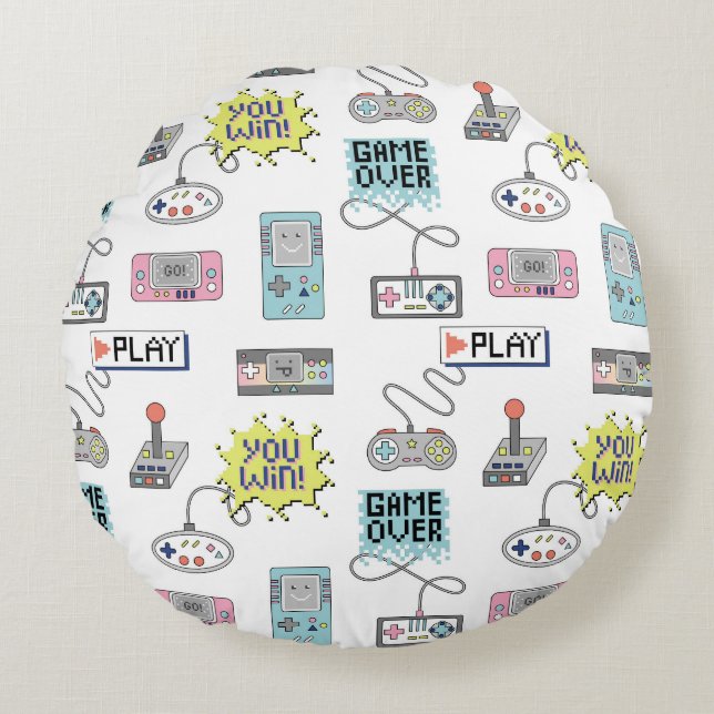 Retro Game Controllers: Colorful Seamless Pattern Round Pillow (Front)