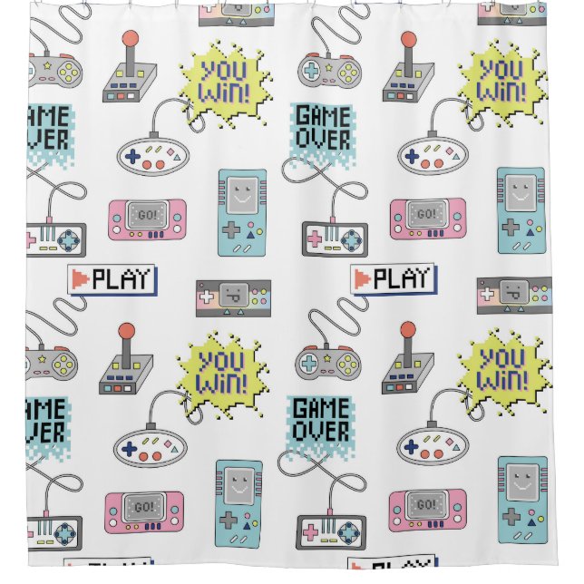 Retro Game Controllers: Colorful Seamless Pattern Shower Curtain (Front)
