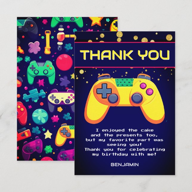 Retro Gamer Birthday Party Flat Thank You Card (Front/Back)