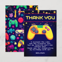 Retro Gamer Birthday Party Flat Thank You Card