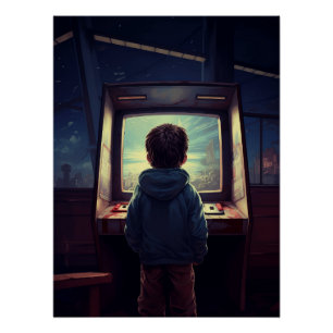 Retro Gamer Boy at Arcade Machine Poster