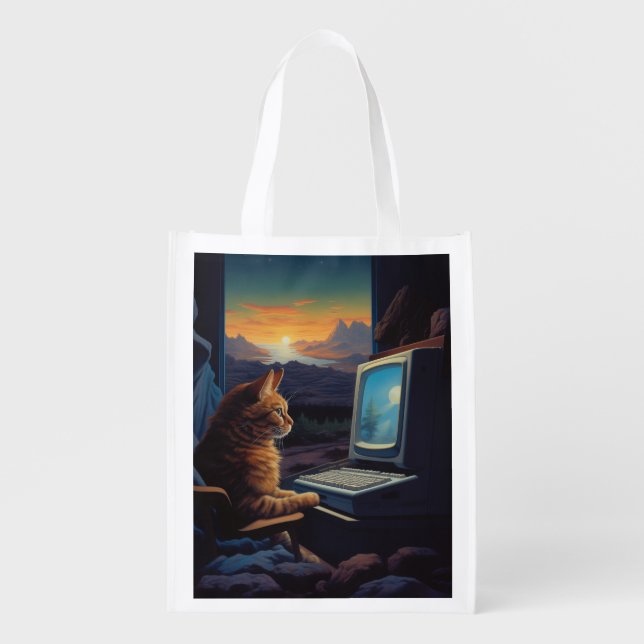 Retro Gamer Cat | 8-Bit Pixel Art Gaming Grocery Bag (Front)