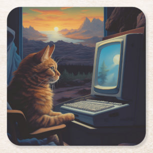 Retro Gamer Cat   8-Bit Pixel Art Gaming Square Paper Coaster