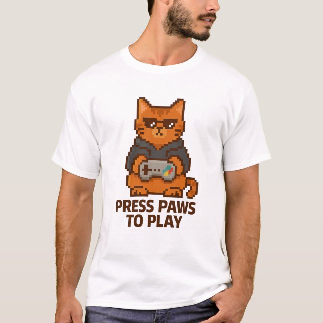 Retro Gamer Cat – Press Paws to Play Pixel Art Tee (Front)