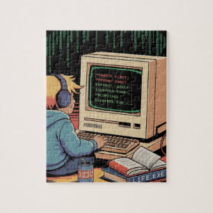 Retro Gamer Kid on Vintage Computer Pixel Art Jigsaw Puzzle