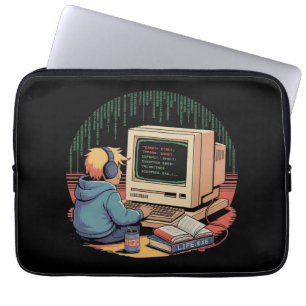 Retro Gamer Kid on Vintage Computer Pixel Art Laptop Sleeve