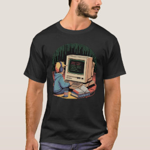 Retro Gamer Kid on Vintage Computer Pixel Art T-Shirt