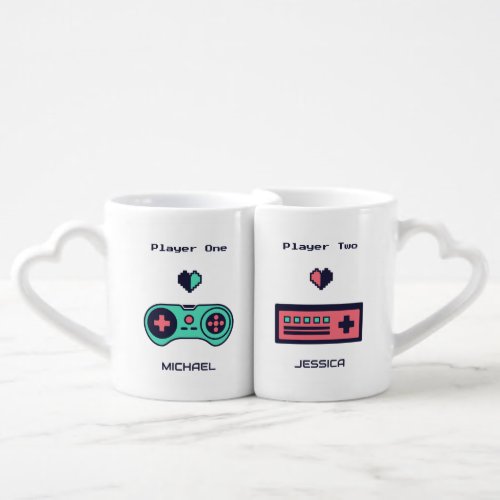 Retro Gamer Love Cute Couple Funny Valentines Day Coffee Mug Set