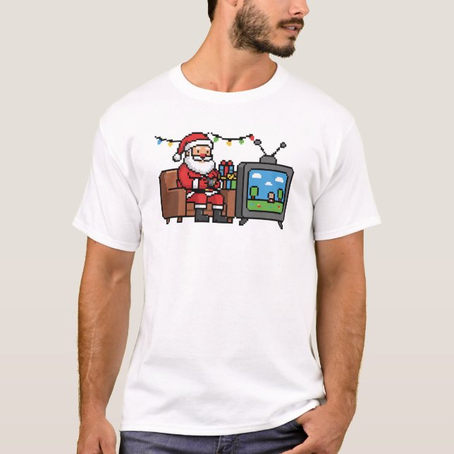 Retro Gamer Santa Pixel Christmas T-Shirt (Front)