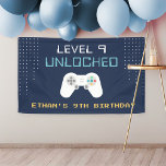 Retro Gamer Theme Kids Birthday Party Banner<br><div class="desc">Welcome guests to your child's video game themed birthday party with this cool retro banner featuring a video game controller on a navy blue background with vintage digital style lettering. "Level [age] unlocked" appears at the top,  with your child's name and party occasion beneath.</div>