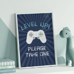 Retro Gamer Theme Kids Birthday Party Favor Sign<br><div class="desc">Invite guests to grab a favor or goody bag at your child's video game themed birthday party with this cool retro sign featuring a video game controller on a navy blue background with vintage digital style lettering. "Level Up! Please take one" appears in aqua and white lettering.</div>