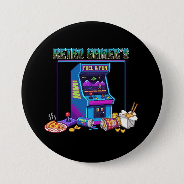  Retro Gamer's Fuel & Fun | 8-Bit Pixel Art Arcade Button (Front)